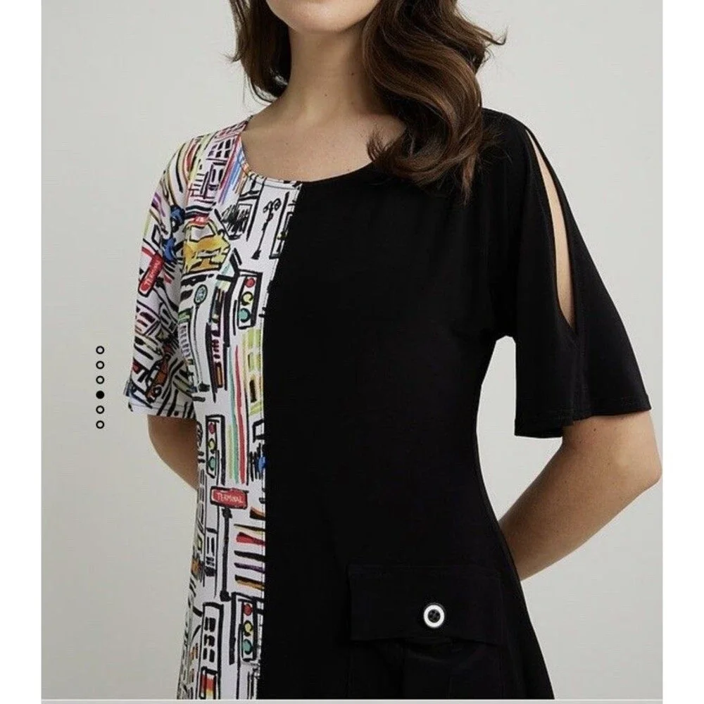 Joseph Ribkoff Dress Size 14/XL Black City Print Jersey Stretch Artsy Whimsical